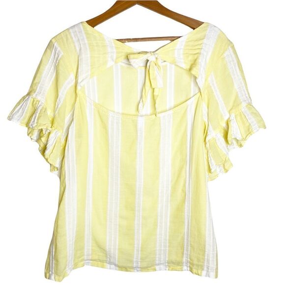 BP Womens Yellow Striped Top Size Large Tie Back Short Sleeve Flutter - Picture 6 of 7